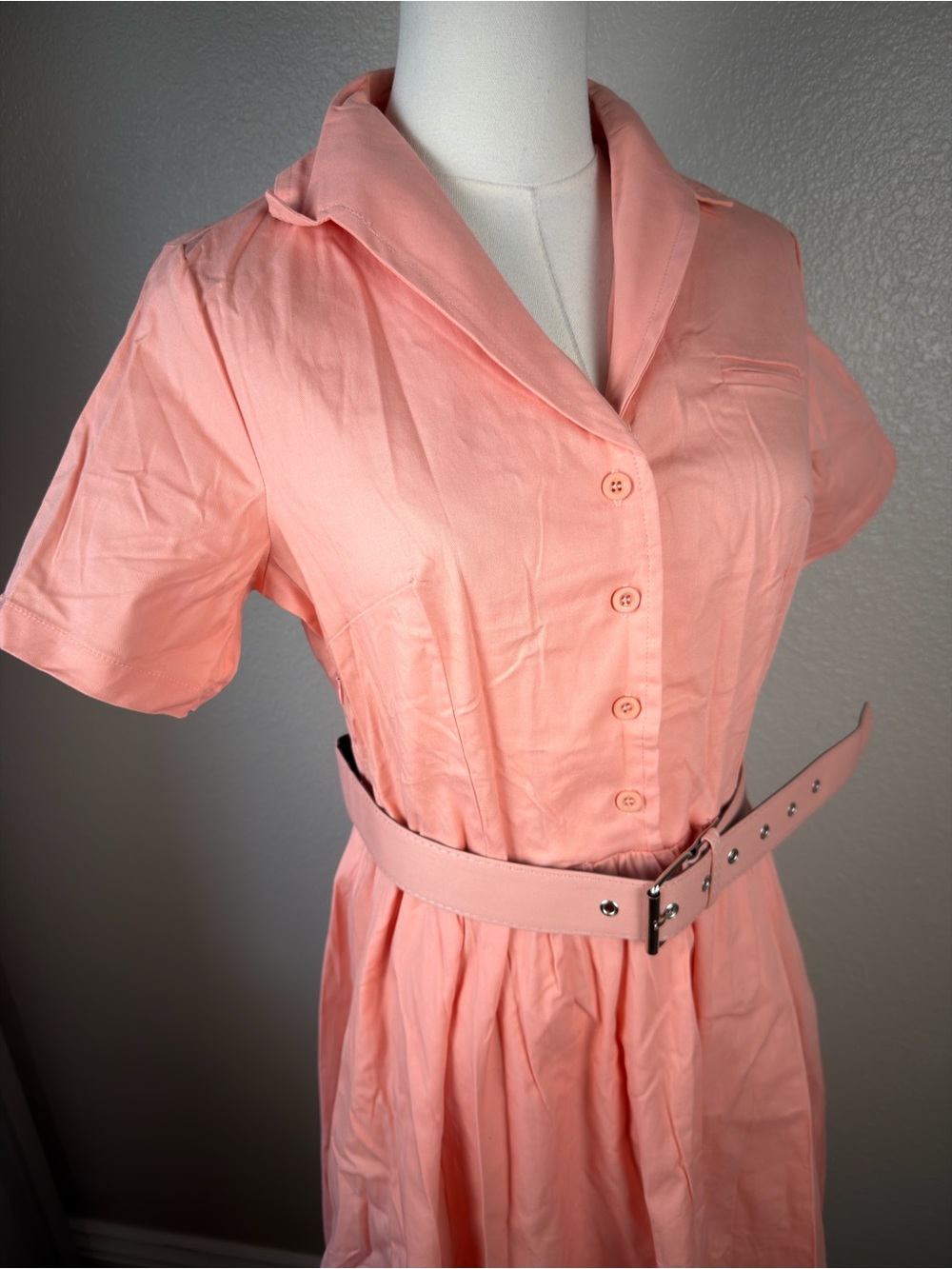 NWT Vintage-Inspired Salmon Belted Midi Shirt Dress 1950’s Rockabilly, Large - Picture 3 of 8